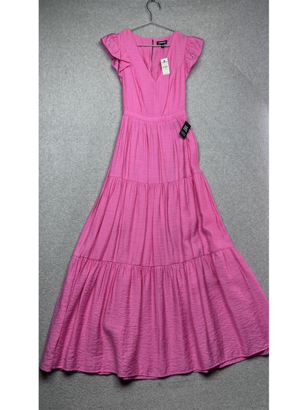 Express Pink Flutter Sleeve Tiered Maxi Dress Cotton Poplin V-Neck Boho XXS New